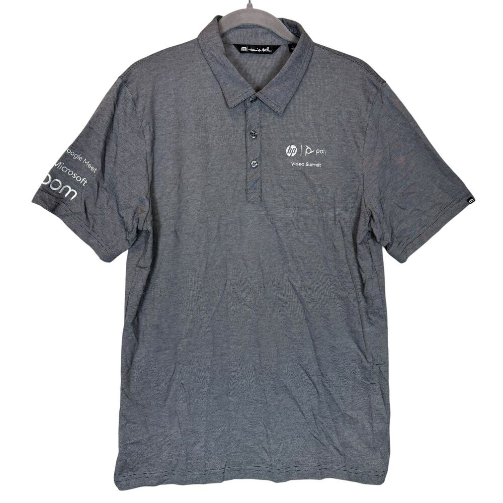 Travis Mathew Polo Shirt Mens Large Gray‎ Striped Poly Video Summit Collared